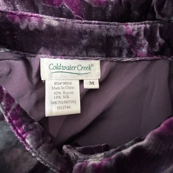 Coldwater Creek Womens Button Up Floral Velvet Tunic Top Medium Purple Back-Slit - Picture 3 of 7